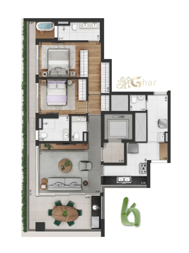 Planta alternativa do apartamento de 2 suítes com 124m² do Vinci Moema em Moema São Paulo