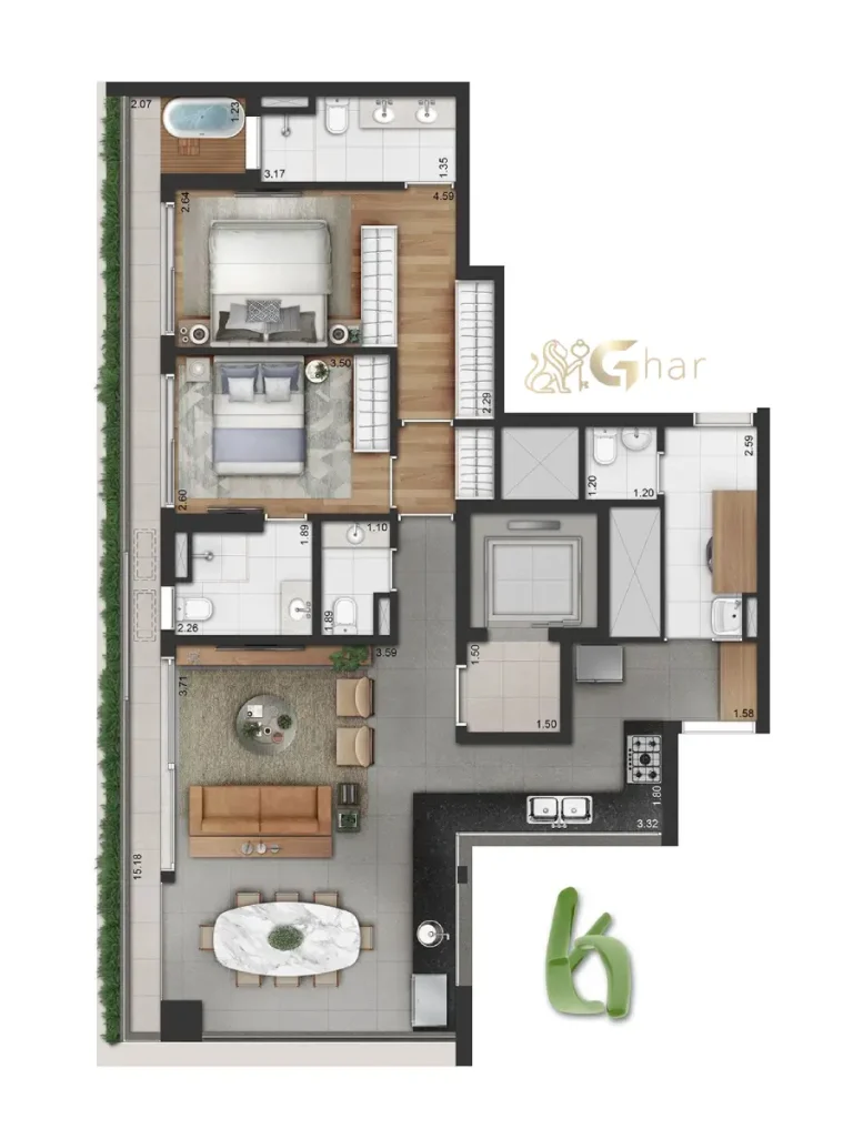 Opção de planta do apartamento de 2 suítes com 124m² do Vinci Moema em Moema São Paulo