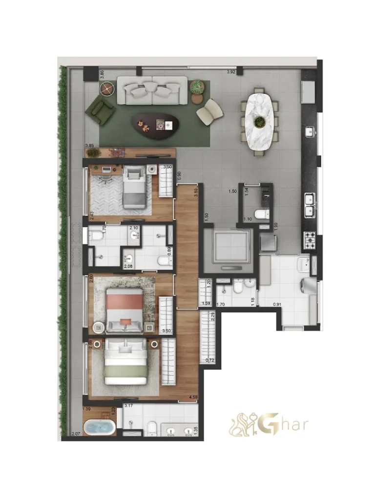 Planta do apartamento de 3 suítes com 149m² do Vinci Moema em Moema São Paulo