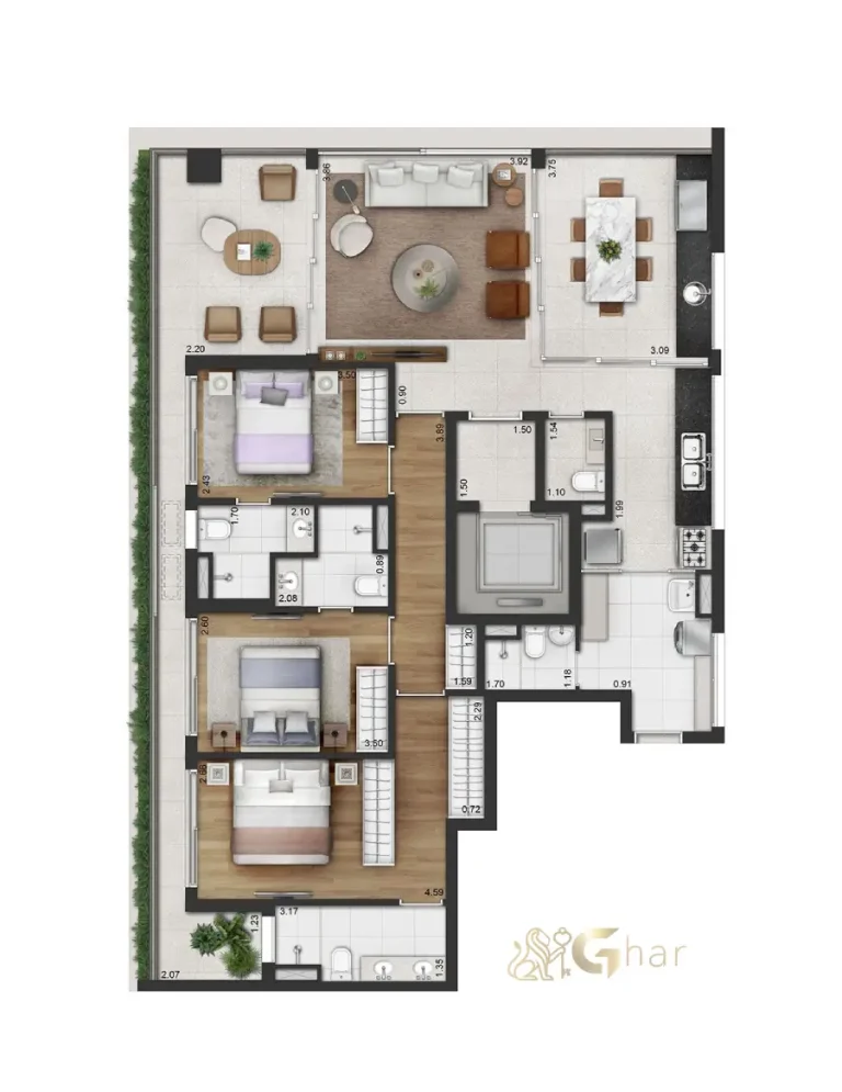 Planta alternativa do apartamento de 3 suítes com 149m² do Vinci Moema em Moema São Paulo