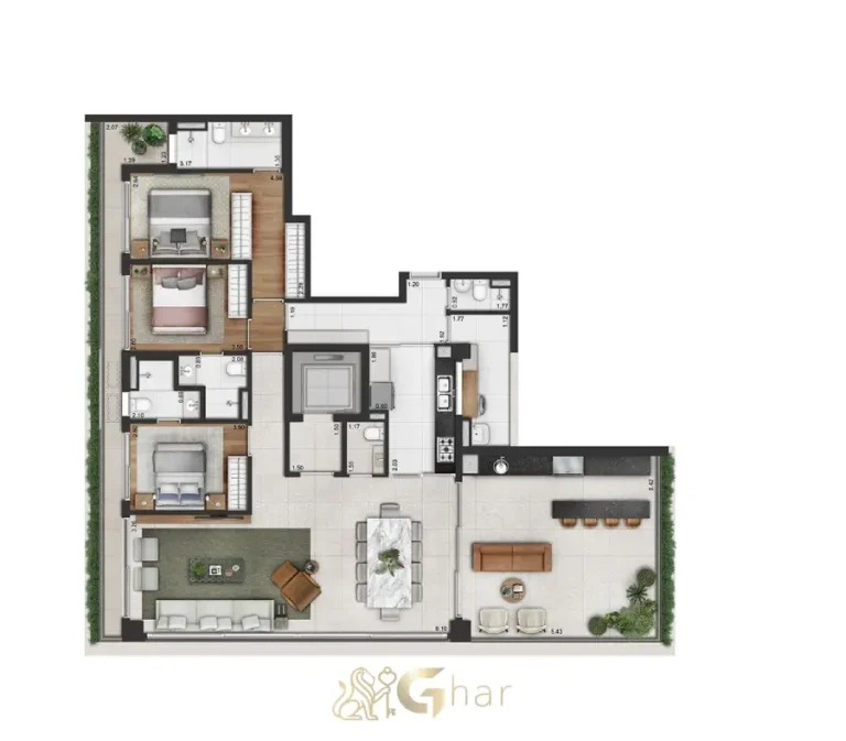 Planta do apartamento de 3 suítes com 197m² do Vinci Moema em Moema São Paulo