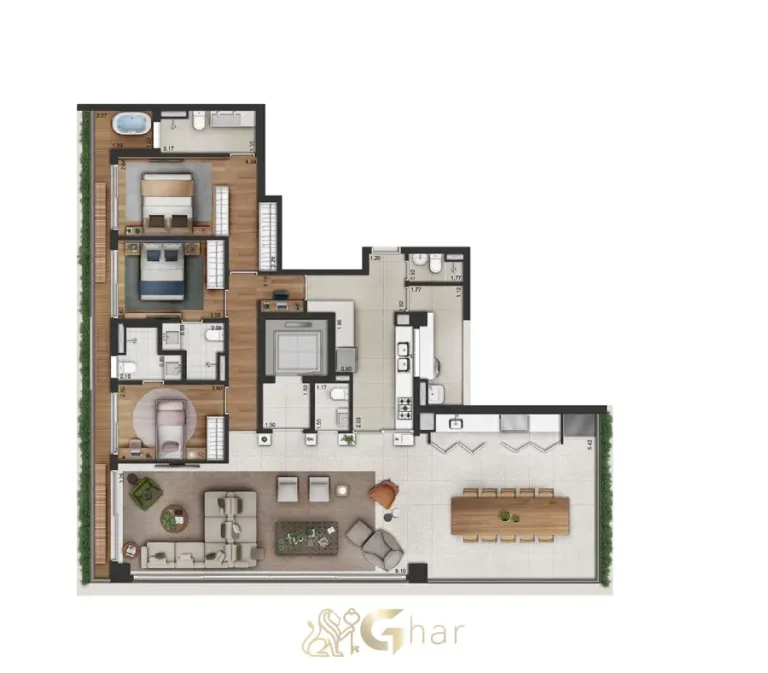 Planta do apartamento decorado de 3 suítes com 197m² do Vinci Moema em Moema São Paulo