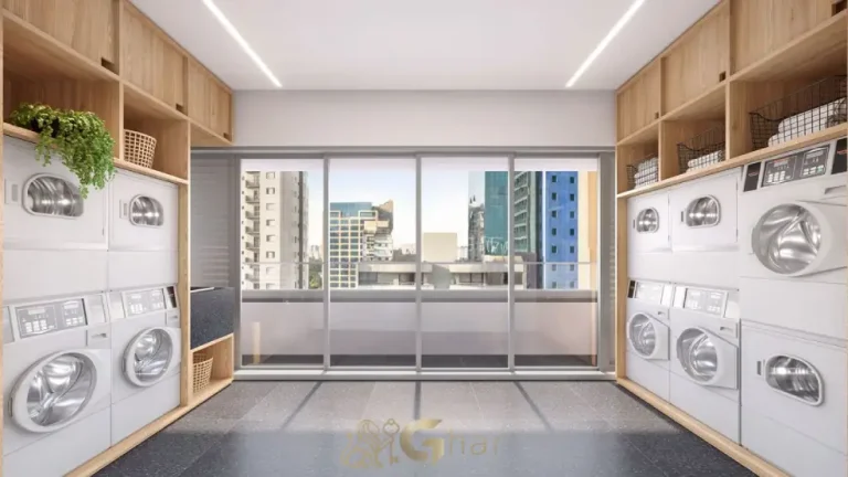 Lavanderia compartilhada do condomínio Vinci Studios Moema em São Paulo