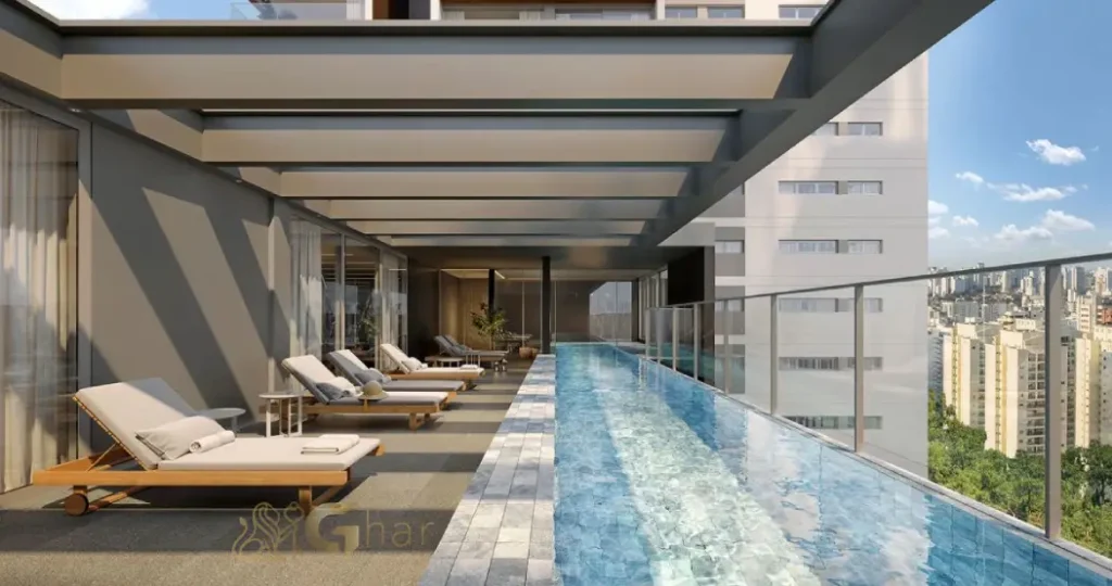 Piscina do condomínio Vinci Studios Moema com área de lazer em São Paulo