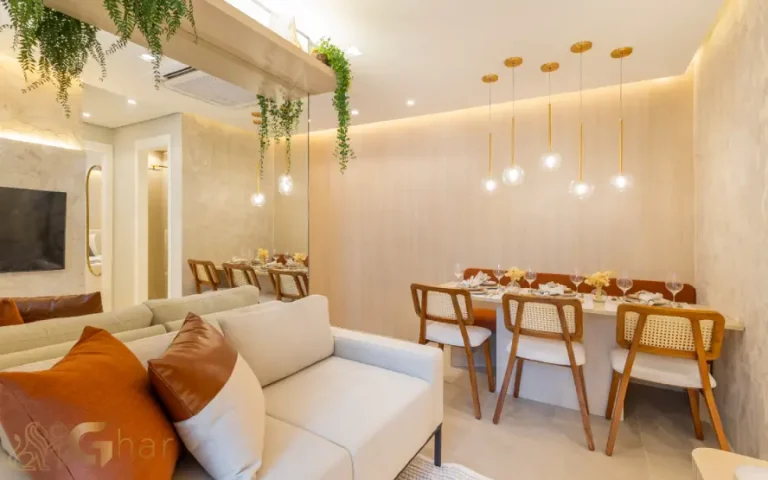Apartamento decorado do Yunes Park com sala de estar e jantar integradas