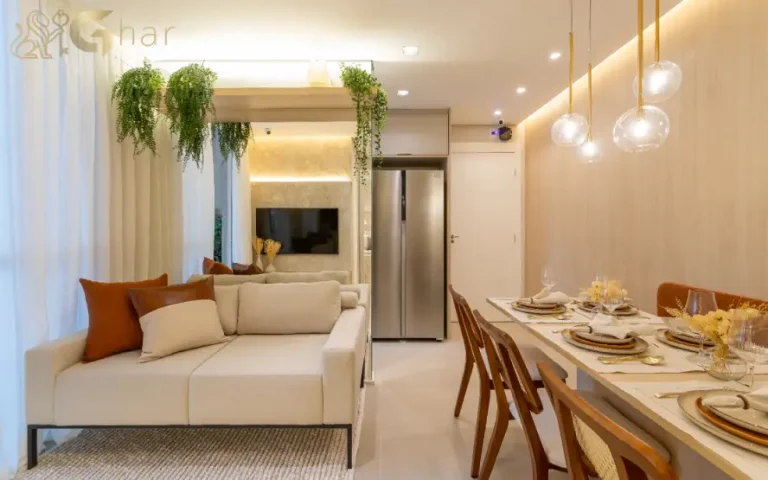 Sala de jantar e living do apartamento decorado do Yunes Park em Interlagos