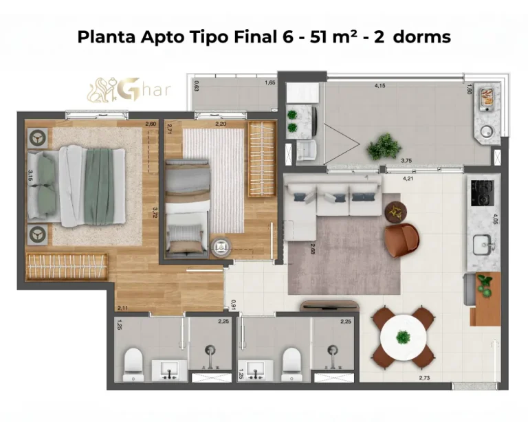 Planta Do Apartamento 2 Dormitórios 51m² Do Infinity Santana