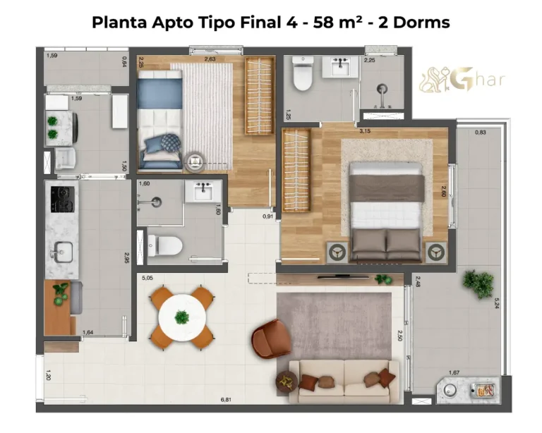 Planta Do Apartamento 2 Dormitórios 58m² Do Infinity Santana