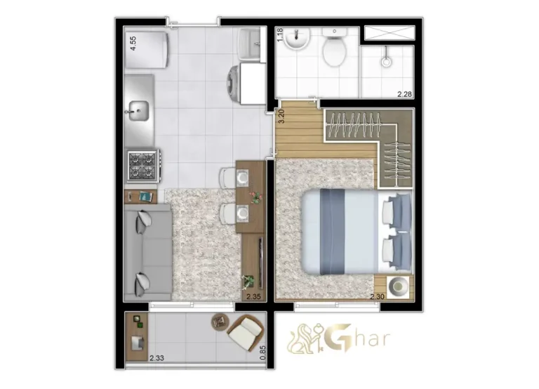 Planta apartamento 1 dormitório 26,51m² Laguna by Plano&Plano São Paulo
