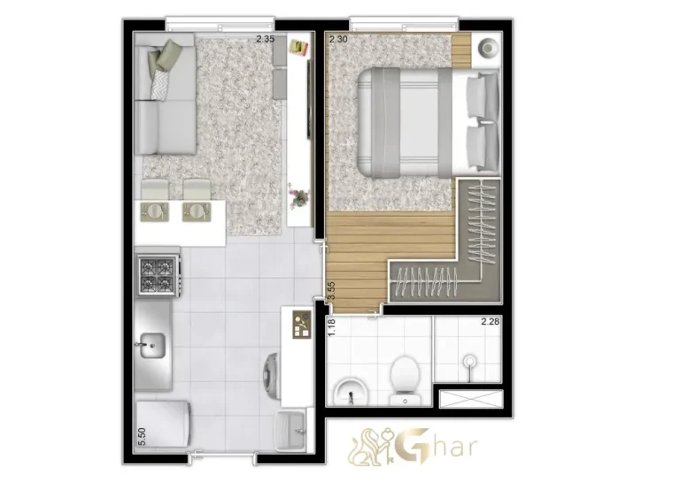 Planta apartamento 1 dormitório 27,70m² Laguna by Plano&Plano