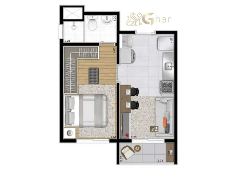 Planta apartamento 1 dormitório 28,76m² Laguna by Plano&Plano