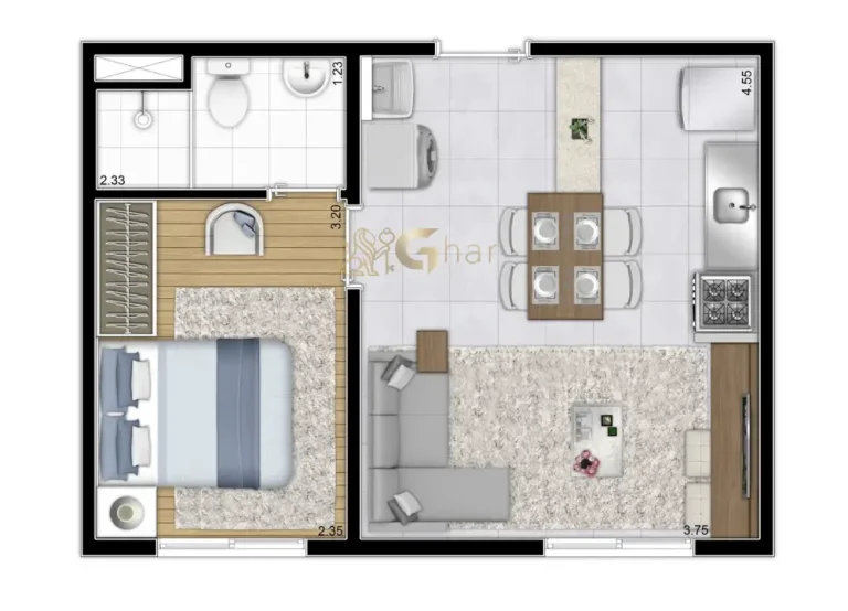 Planta apartamento 1 dormitório 31,37m² Laguna by Plano&Plano