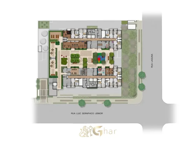 Planta de implantação térreo do condomínio Laguna by Plano&Plano Chácara Santo Antônio