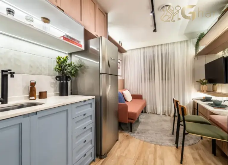 Cozinha aberta integrada à sala no apartamento decorado do Mais Vila Andrade