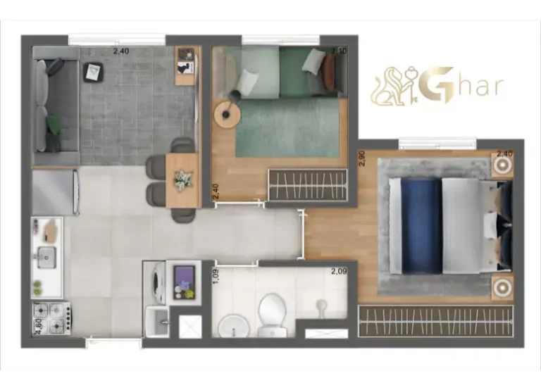 Planta do apartamento de 2 dormitórios tipo meio do Mais Vila Andrade