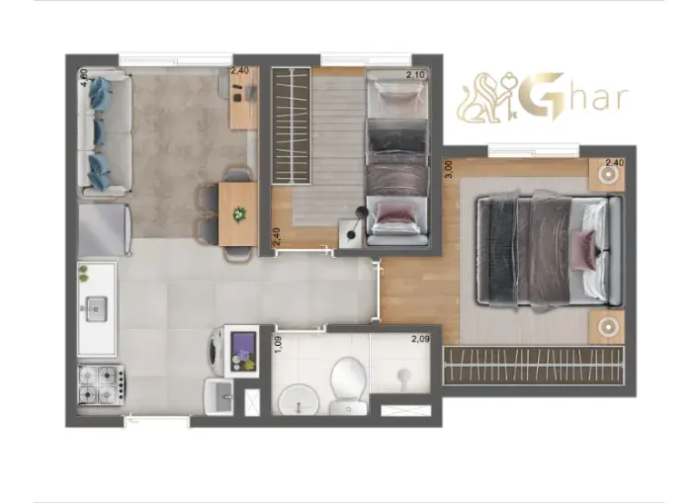 Planta do apartamento de 2 dormitórios tipo meio com 31,63 m² no Mais Vila Andrade