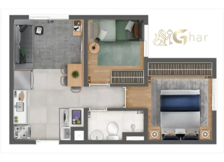 Planta do apartamento de 2 dormitórios tipo ponta do Mais Vila Andrade