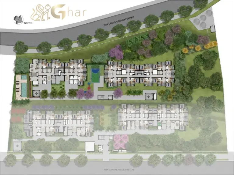 Planta de implantação do térreo com áreas de lazer do condomínio Mais Vila Andrade