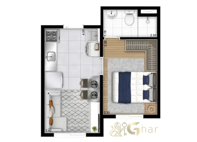 Planta de apartamento 1 dormitório 26,69m² no Mapp Barra Funda