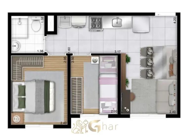 Planta de apartamento 2 dormitórios 33,61m² no Mapp Barra Funda