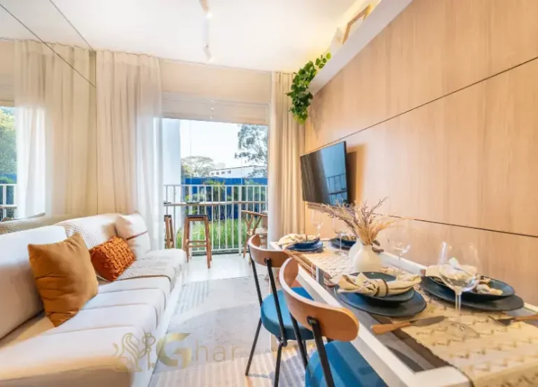 Sala de jantar e estar do apartamento decorado no Meu Plano&Interlagos