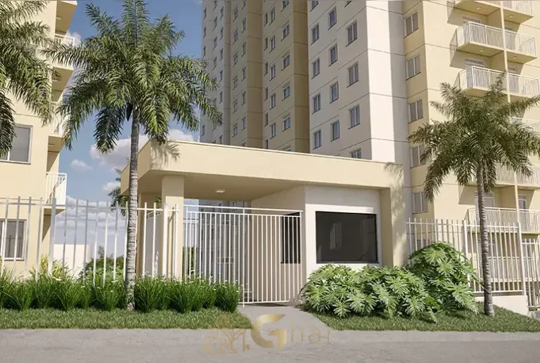 Fachada e portaria do condomínio Palmares no Meu Plano&Interlagos