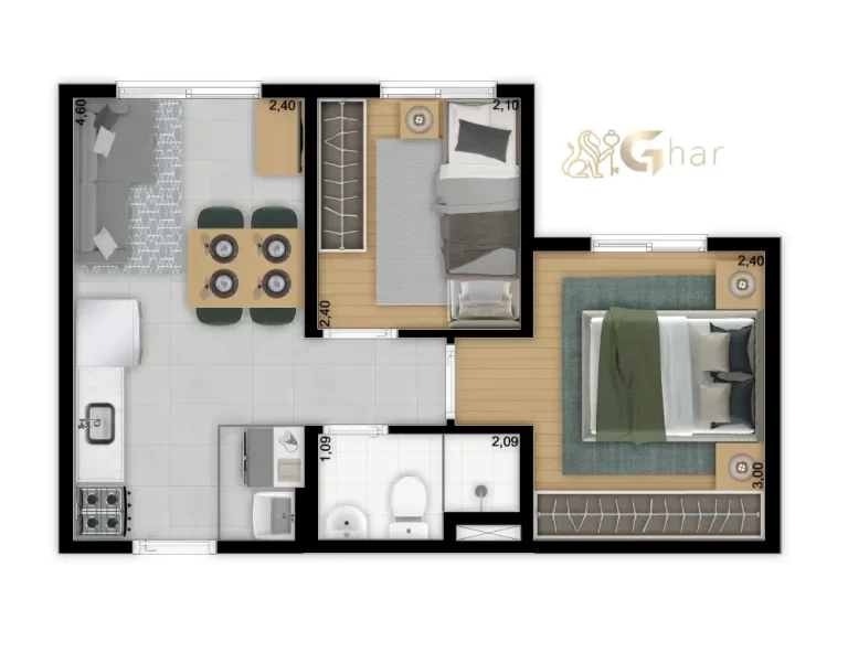 Planta do apartamento de 2 dormitórios 32,06 m² Torre A e C no Meu Plano&Interlagos Fugulin