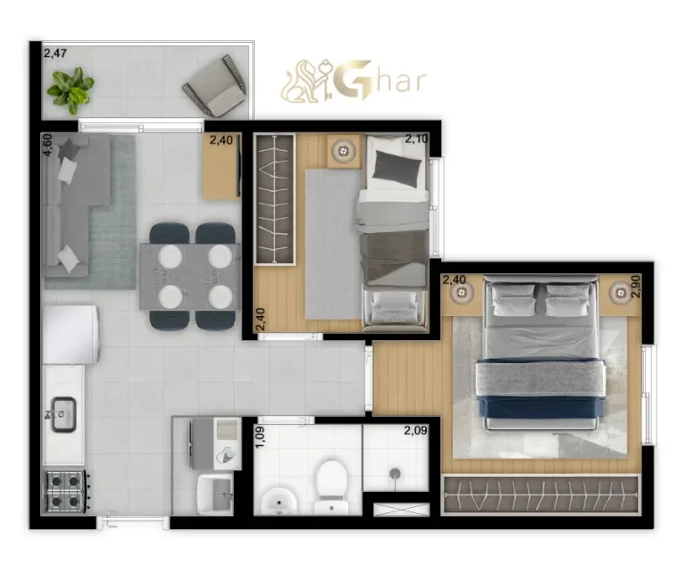 Planta do apartamento de 2 dormitórios 34,09 m² Torre A e C no Meu Plano&Interlagos Fugulin