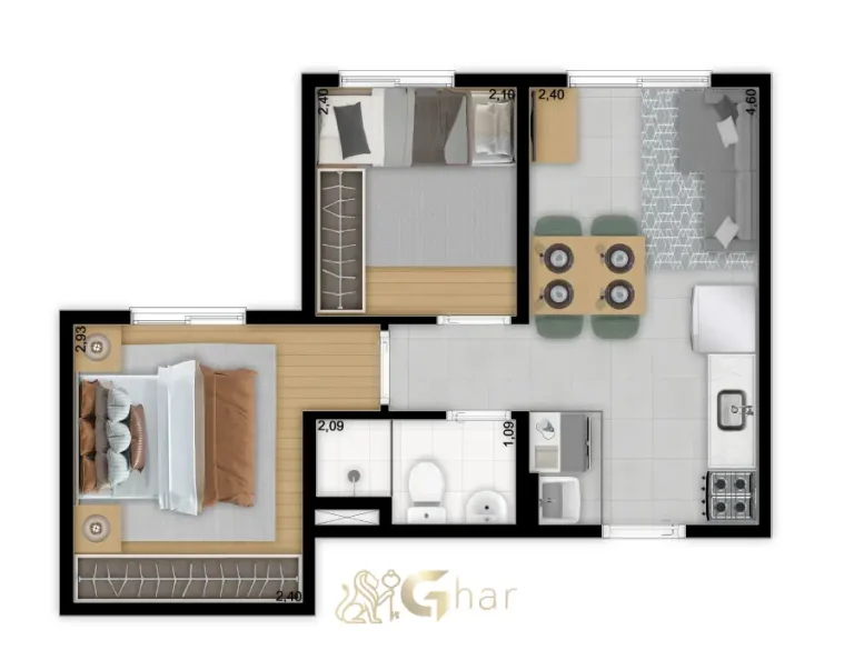 Planta do apartamento de 2 dormitórios 32,06 m² Torre D no Meu Plano&Interlagos Fugulin