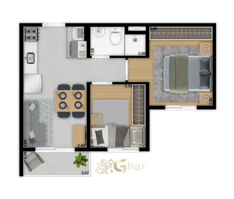 Planta do apartamento de 2 dormitórios 34,31 m² Torre D no Meu Plano&Interlagos