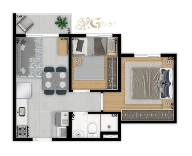 Planta do apartamento de 2 dormitórios 34,73 m² Torre D no Meu Plano&Interlagos