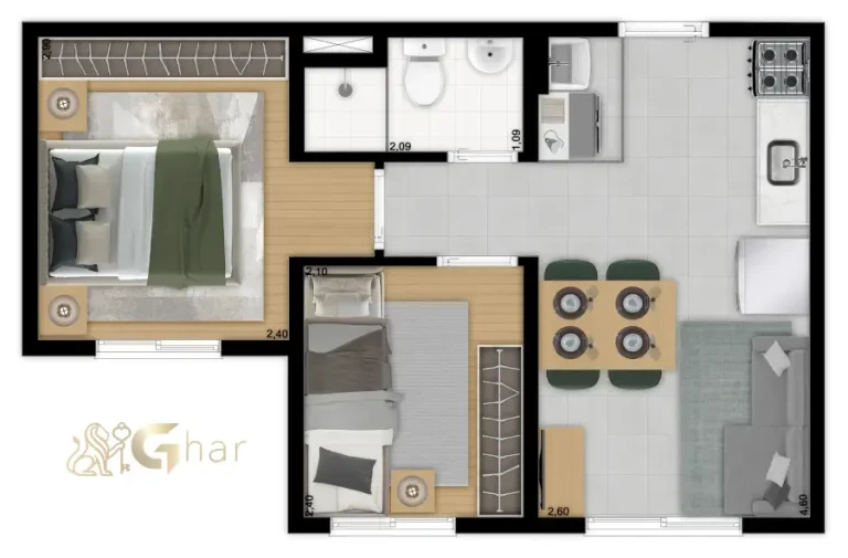 Planta do apartamento de 2 dormitórios 37,79 m² Torre D no Meu Plano&Interlagos