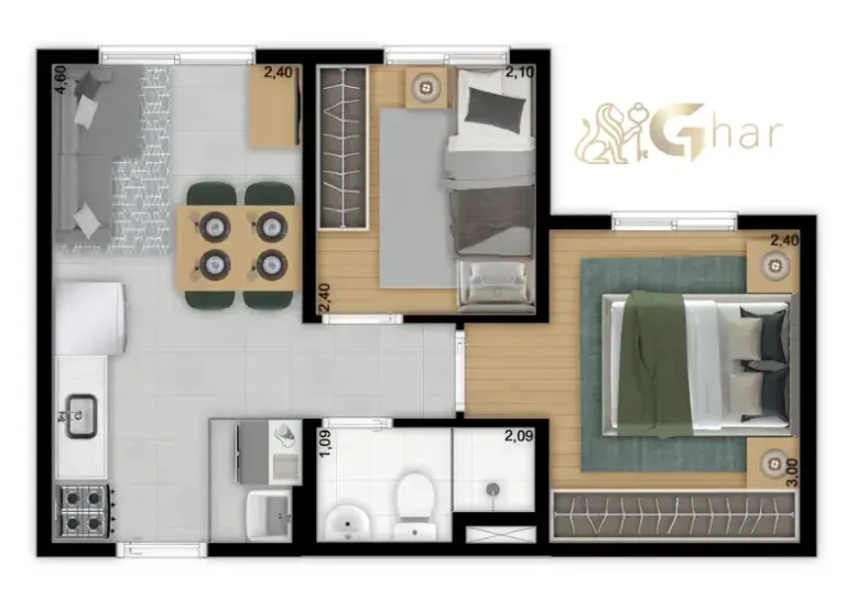 Planta do apartamento de 2 dormitórios 32,06 m² Torre A no Meu Plano&Interlagos Palmares