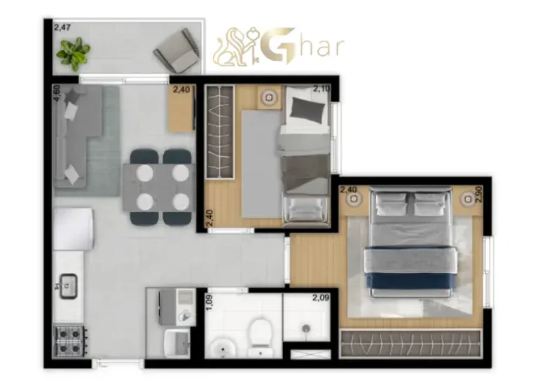 Planta do apartamento de 2 dormitórios 34,09 m² Torre A no Meu Plano&Interlagos