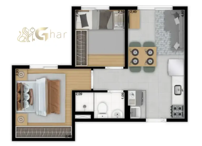 Planta do apartamento de 2 dormitórios 32,03 m² Torre B no Meu Plano&Interlagos