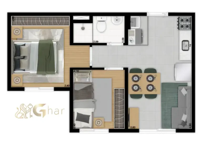 Planta do apartamento de 2 dormitórios 32,79 m² Torre B no Meu Plano&Interlagos