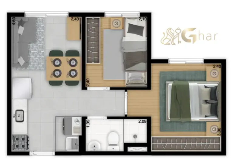 Planta do apartamento de 2 dormitórios 32,06 m² Torre C no Meu Plano&Interlagos Palmares