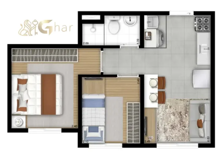 Planta do apartamento de 2 dormitórios 32,66 m² Torre C no Meu Plano&Interlagos