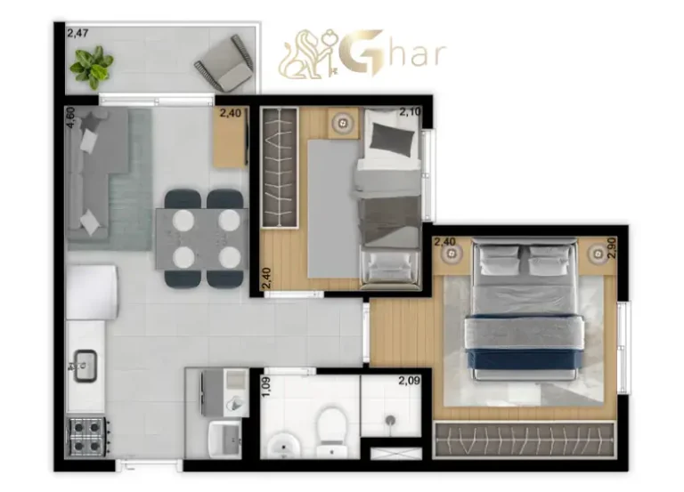 Planta do apartamento de 2 dormitórios 34,09 m² Torre C no Meu Plano&Interlagos
