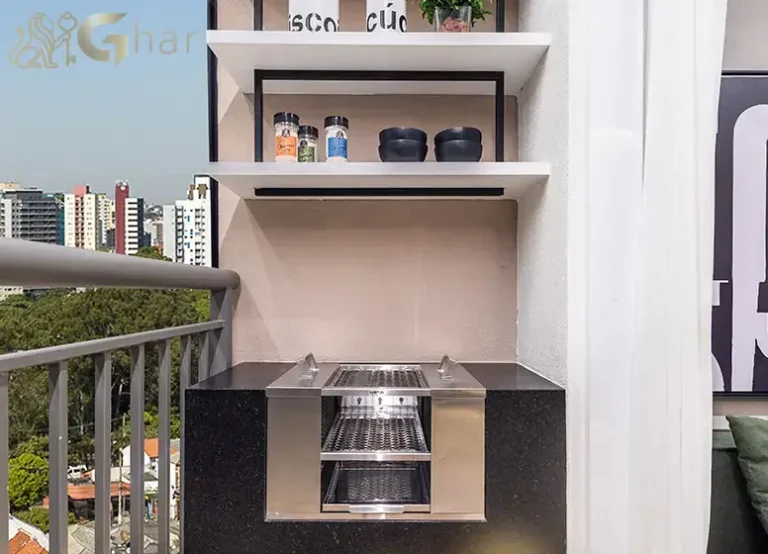 Terraço com churrasqueira do apartamento decorado do Mistá by Plano&Plano Tupinás na Saúde