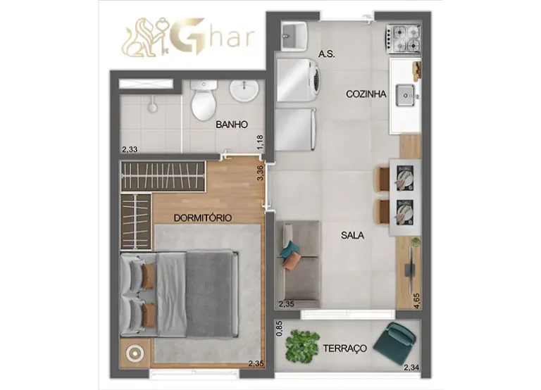 Planta do apartamento 1 dormitório 29,95 m² do Mistá by Plano&Plano Tupinás