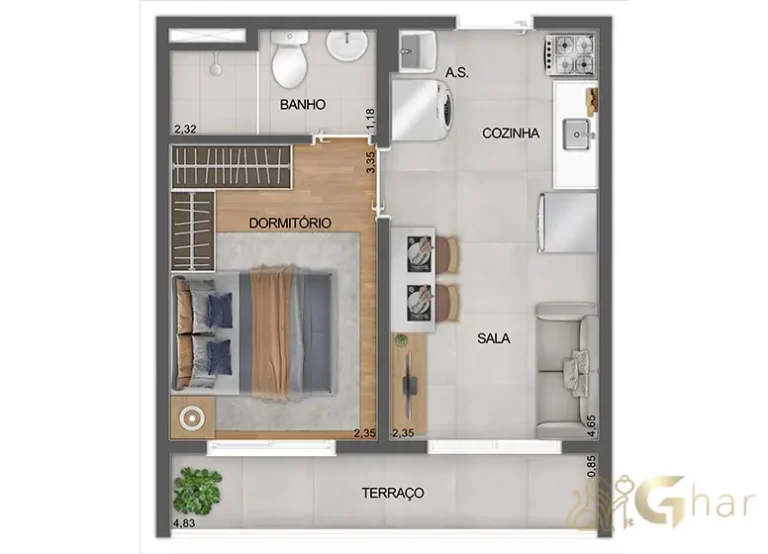 Planta do apartamento 1 dormitório 29,96 m² do Mistá by Plano&Plano Tupinás