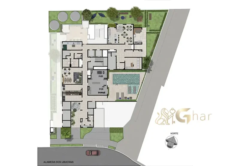 Implantação do térreo com áreas de lazer do Mistá by Plano&Plano Ubiatans