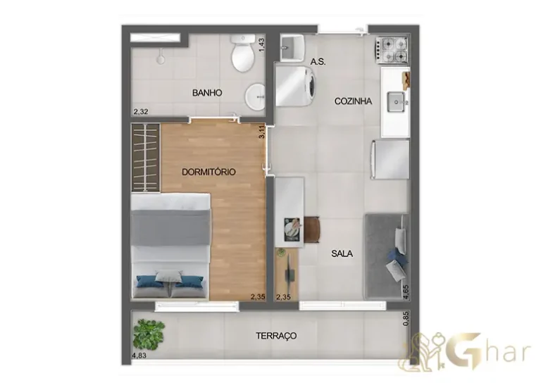 Planta do apartamento de 1 dormitório NR do Mistá by Plano&Plano Ubiatans