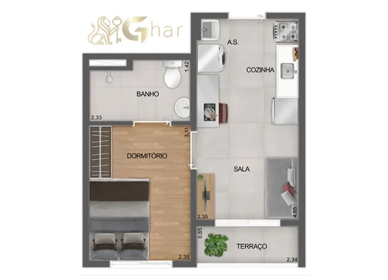 Planta 1 dormitório NR finais 03, 09 e 10 do Mistá by Plano&Plano Ubiatans