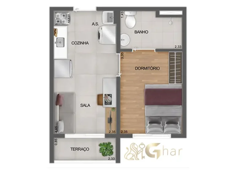 Planta 1 dormitório NR finais 11, 12 e 13 do Mistá by Plano&Plano Ubiatans