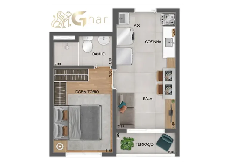 Planta do apartamento residencial de 1 dormitório do Mistá by Plano&Plano Ubiatans