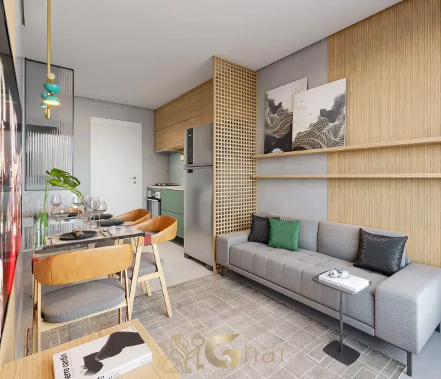 Apartamento decorado do Mundo Park Alvorada com sala living, jantar e cozinha integradas