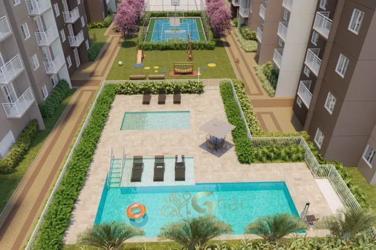 Área de lazer com piscinas do condomínio Mundo Park Alvorada no Campo Grande