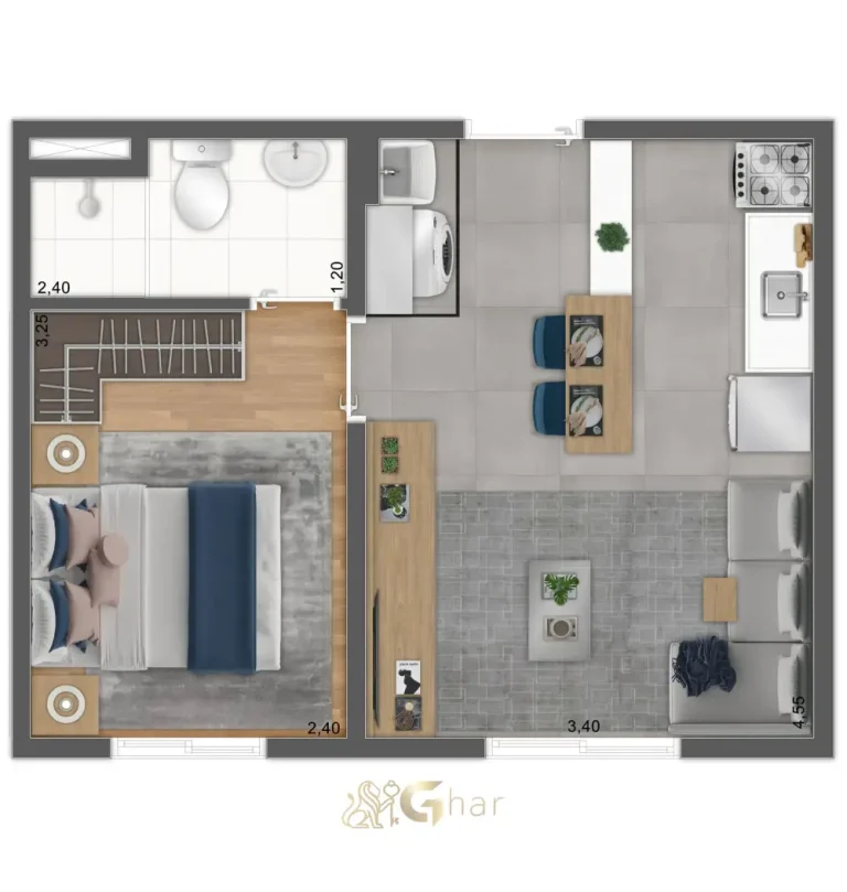 Outra planta compacta de apartamento 1 dormitório do Mundo Park Alvorada